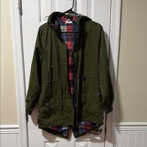 Time and Tru Olive Jacket with Plaid Interior